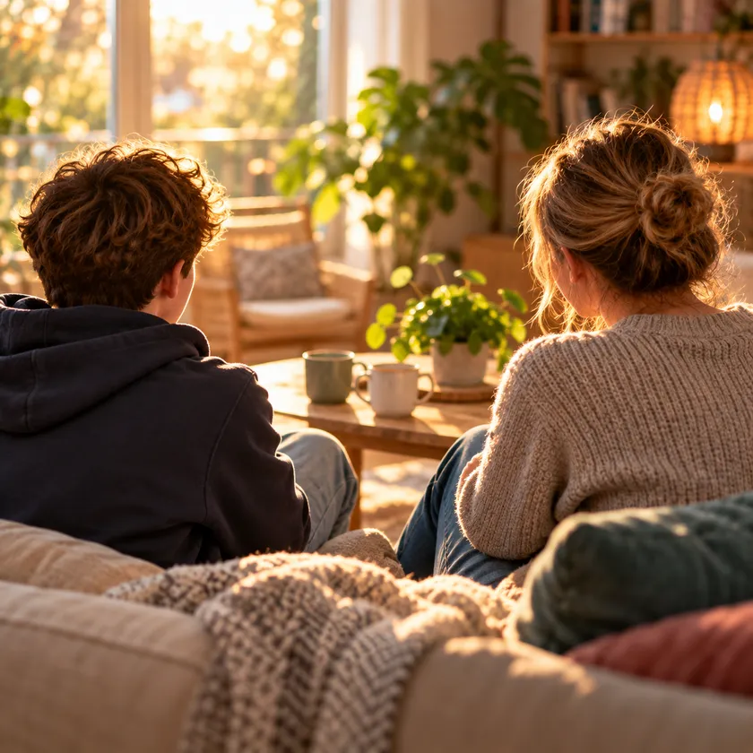 Zwei Personen sitzen von hinten gesehen nebeneinander in einem warm beleuchteten Wohnraum, vor ihnen zwei Tassen auf einem Tisch.