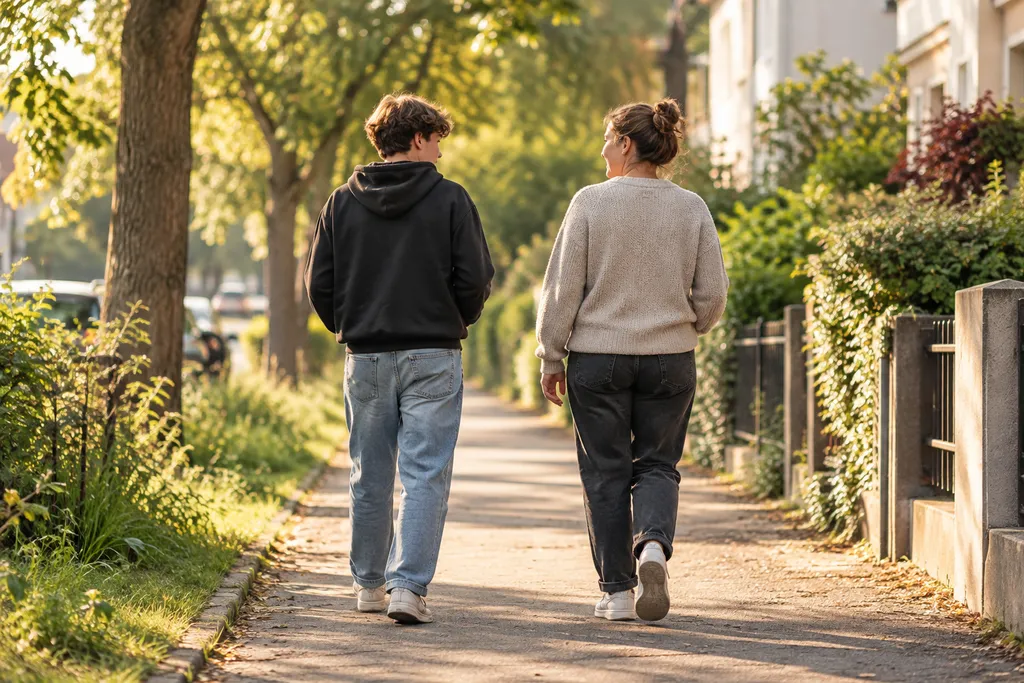 Ein junger Mensch und eine erwachsene Begleitperson gehen nebeneinander eine sonnige Wohnstraße entlang.